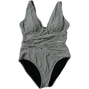 Garnet Hill Women One Piece Bathing Suit Stripe Black White Ruche Padded Size 12